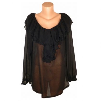 L Черна шифонова блуза с волани (с етикет)