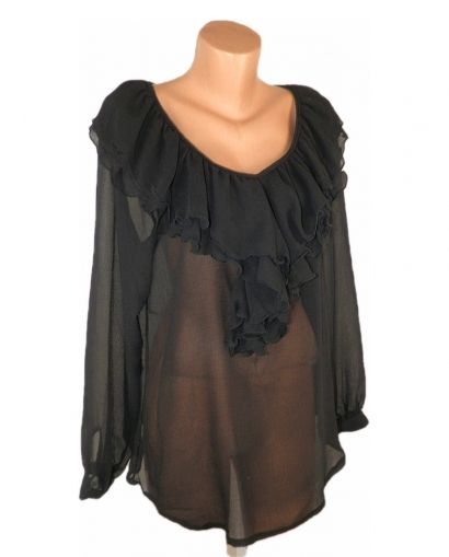 L Черна шифонова блуза с волани (с етикет)