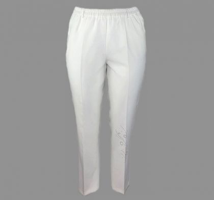 Бял панталон на ластик с украси по крачолите