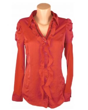 L Червена шифоново-трикотажна блуза с набори