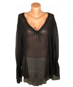 Черна шифонова блуза с интересни ръкави на райета от вискоза