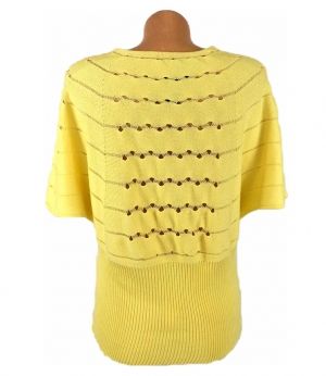 XL Жълта машинно-плетена памучна блуза с интересна кройка