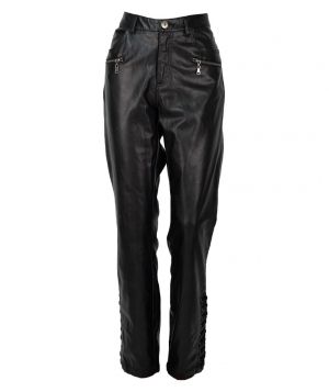 L-XL Черен еластичен кожен панталон с интересни детайли