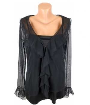 L Черна блуза с волани от лек мрежест плат