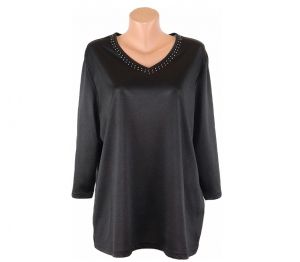 Черна еластична памучна блуза с камъчета